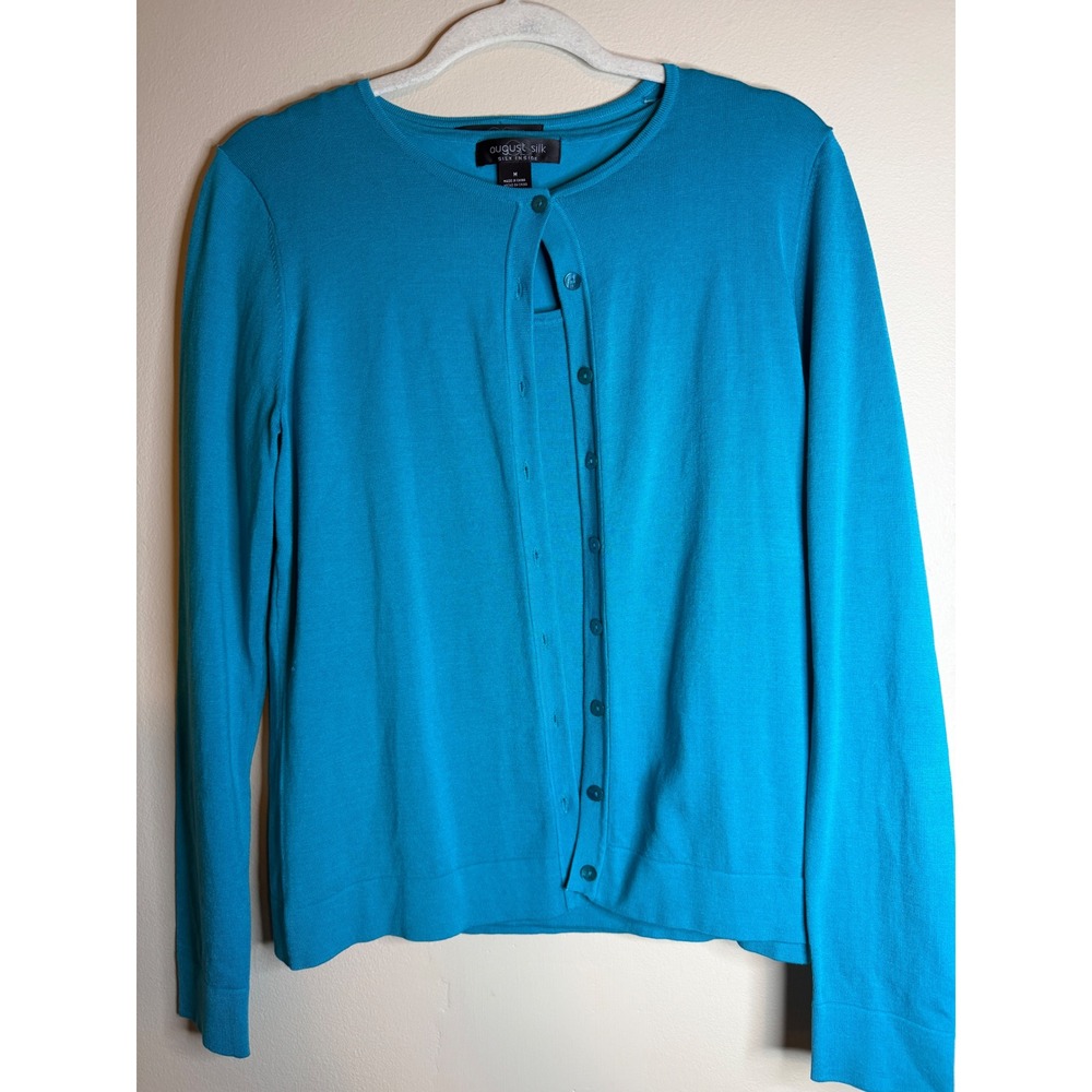 August Silk Womens M Turquoise Blue Silk Blend Cardigan Shell Twinset Set